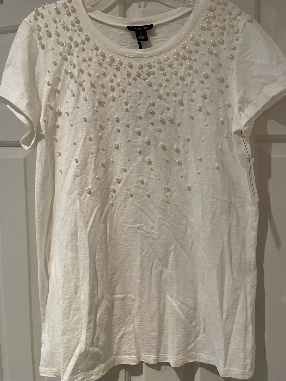 NORDSTROM HALOGEN PEARL EMBELLISHED soft white TEE T SHIRT. NWT   NEDIUM NWT